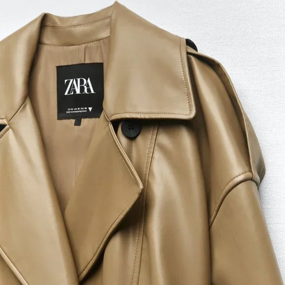 BLOGGER'S FAVE! Zara Faux Leather Trench Coat Tan Brown NWT - Picture 13 of 13